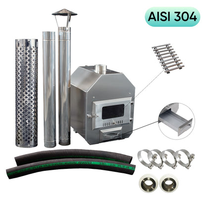 Stainless steel AISI 304 wood burning hot tub stove kit with double-pass heat exchanger and installation accessories