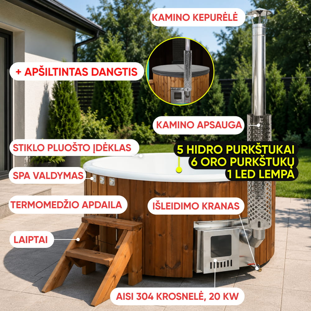 Kubilas su hidro, oro purkštukais ir LED apšvietimu
