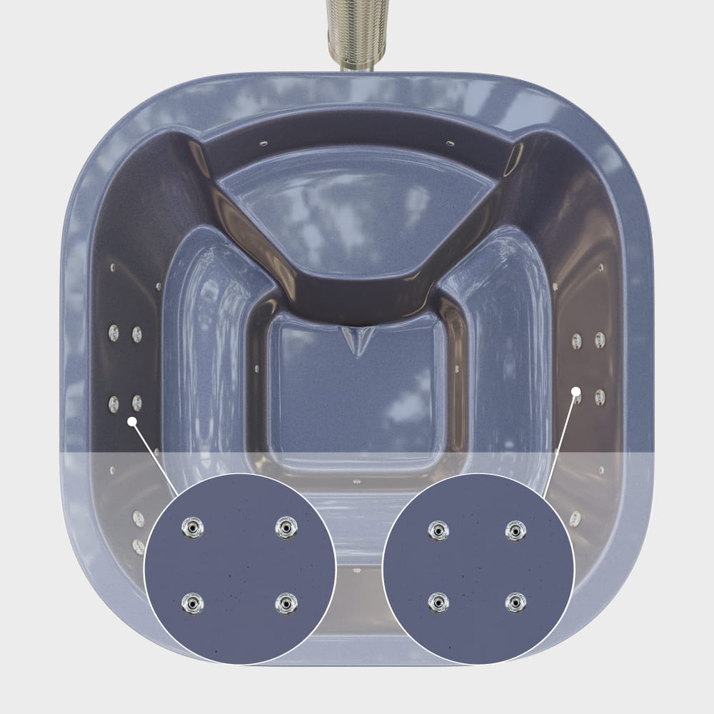 Kvadratinė malkomis kūrenama sūkurinė vonia 4–6 asmenims su aukščiausios kokybės filtru ir tiksliniu masažu su 24 hidropurkštukais | Integruota viryklė