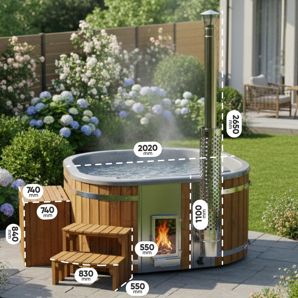 Outdoor view of a wooden hot tub with fire stove, chimney, wooden steps, and garden flowers in the background