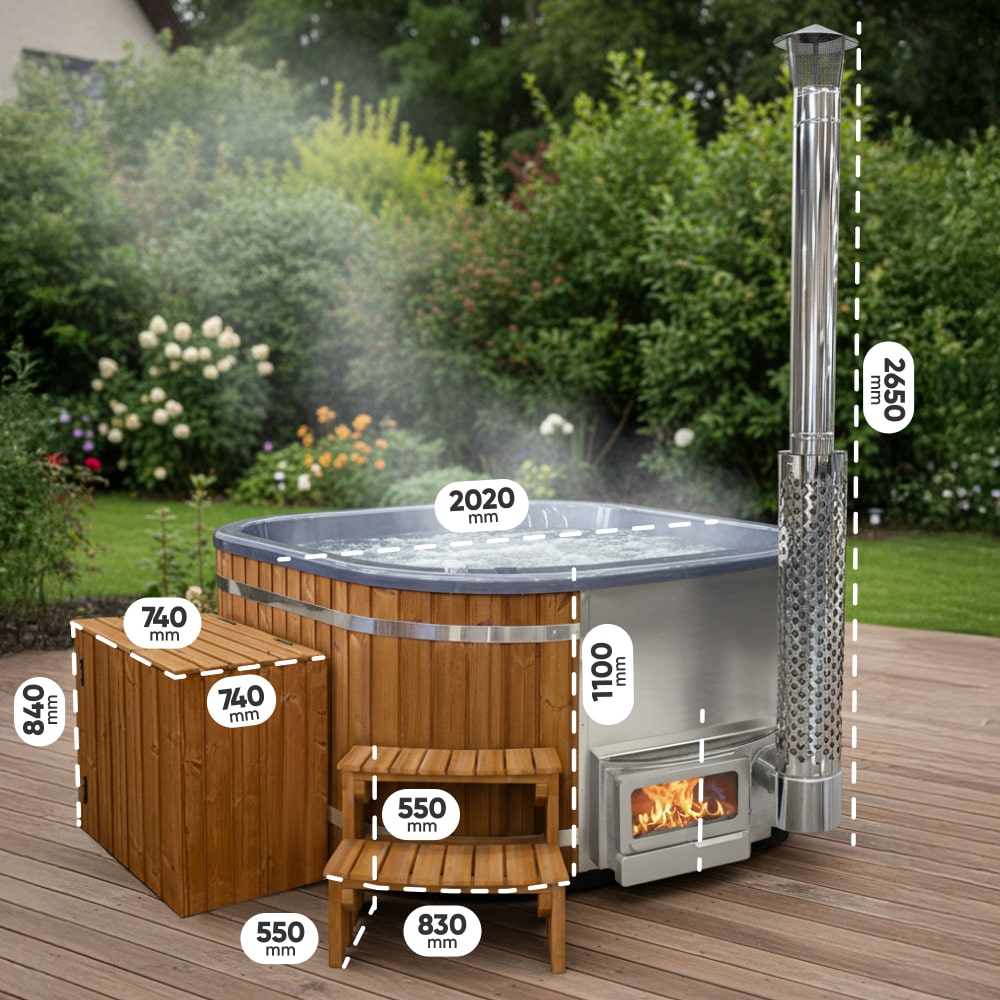 Outdoor view of wood fired hot tub with stainless steel stove, wooden steps, tall chimney, and wooden storage box on patio