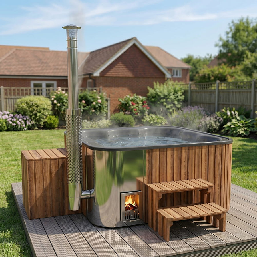 Aukščiausios kokybės kvadratinė malkomis kūrenama sūkurinė vonia su 34 hidromasažais ir atlošiamu gultu – 6 sėdimos vietos