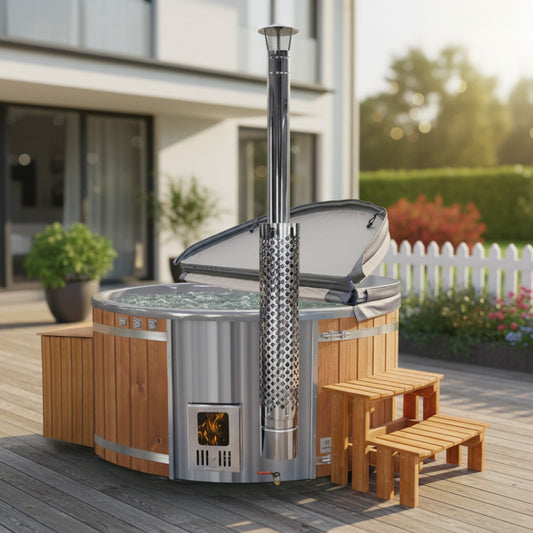 Outdoor view of wood fired hot tub with stainless steel integrated stove, wooden steps, and open grey cover