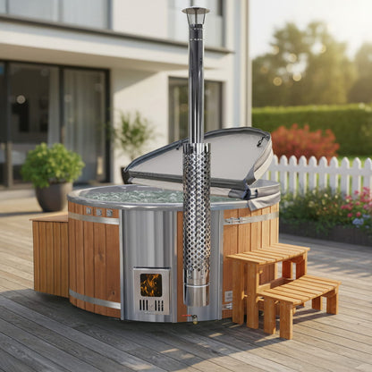 Outdoor hot tub with wooden exterior and grey interior on a deck.