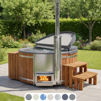 Round wood-fired hot tub with horizon stove, wooden cladding and garden patio setting