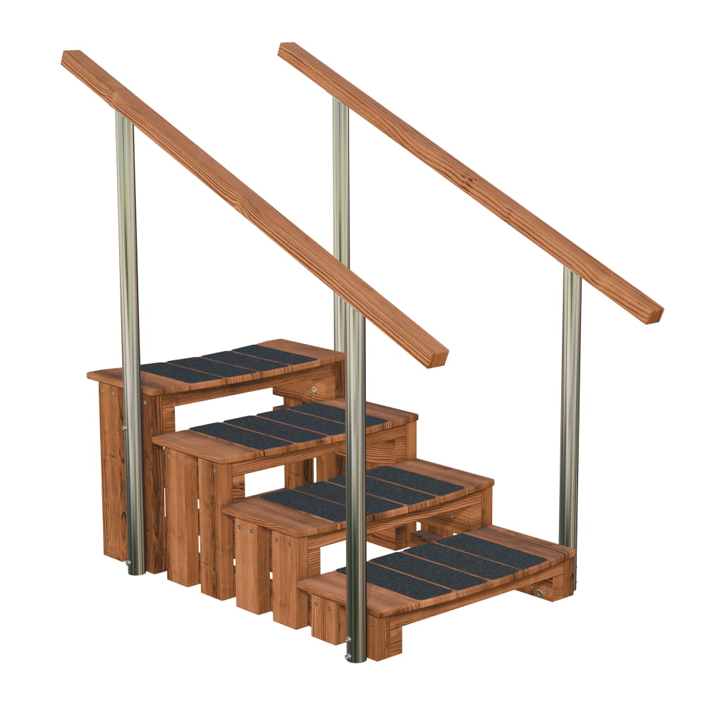 Wooden stairs with metal handrails on a white background