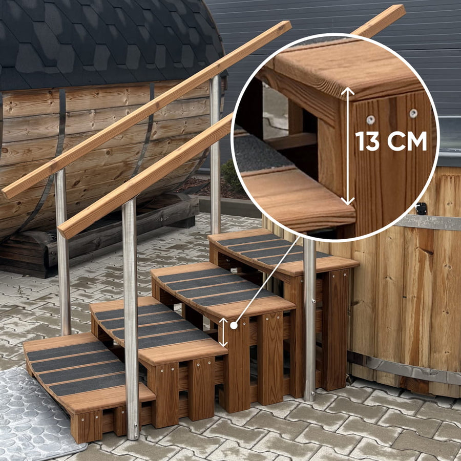 Premium hot tub steps in Thermowood with non-slip treads beside a wooden hot tub, with a close-up showing the low 13 cm step height