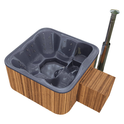 Aukščiausios kokybės kvadratinė malkomis kūrenama sūkurinė vonia su 34 hidromasažais ir atlošiamu gultu – 6 sėdimos vietos