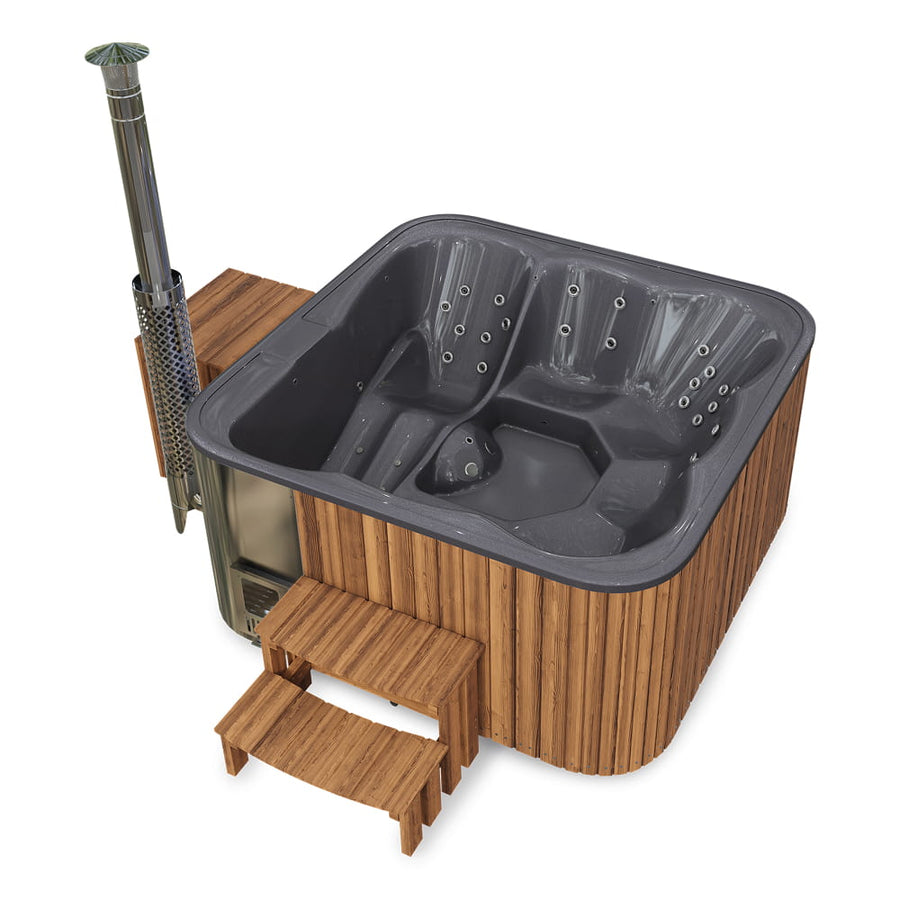 Aukščiausios kokybės kvadratinė malkomis kūrenama sūkurinė vonia su 34 hidromasažais ir atlošiamu gultu – 6 sėdimos vietos