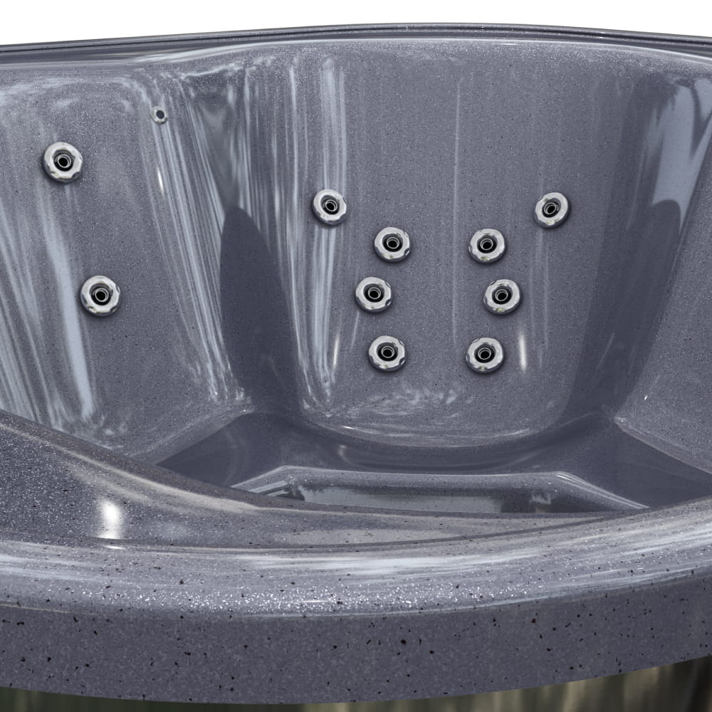 Aukščiausios kokybės kvadratinė malkomis kūrenama sūkurinė vonia su 34 hidromasažais ir atlošiamu gultu – 6 sėdimos vietos