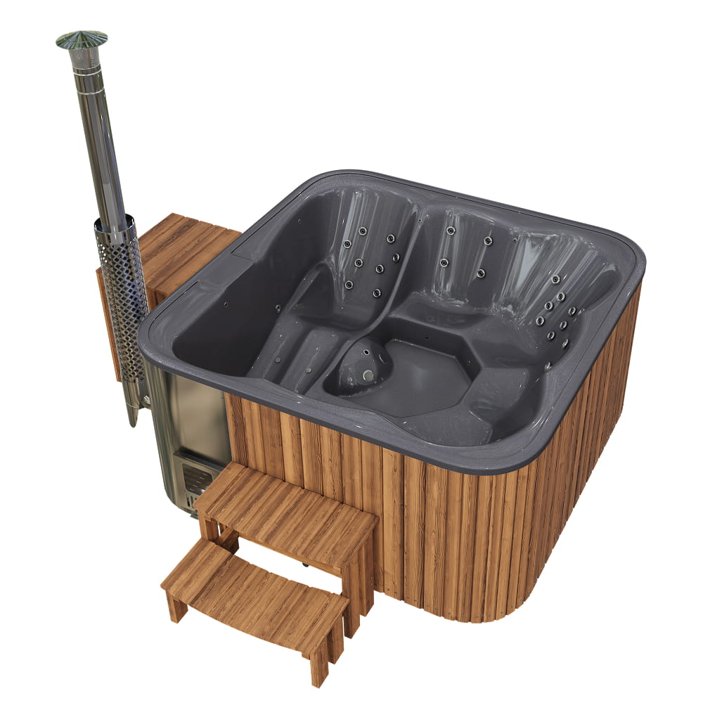 Aukščiausios kokybės kvadratinė malkomis kūrenama sūkurinė vonia su 34 hidromasažais ir atlošiamu gultu – 6 sėdimos vietos