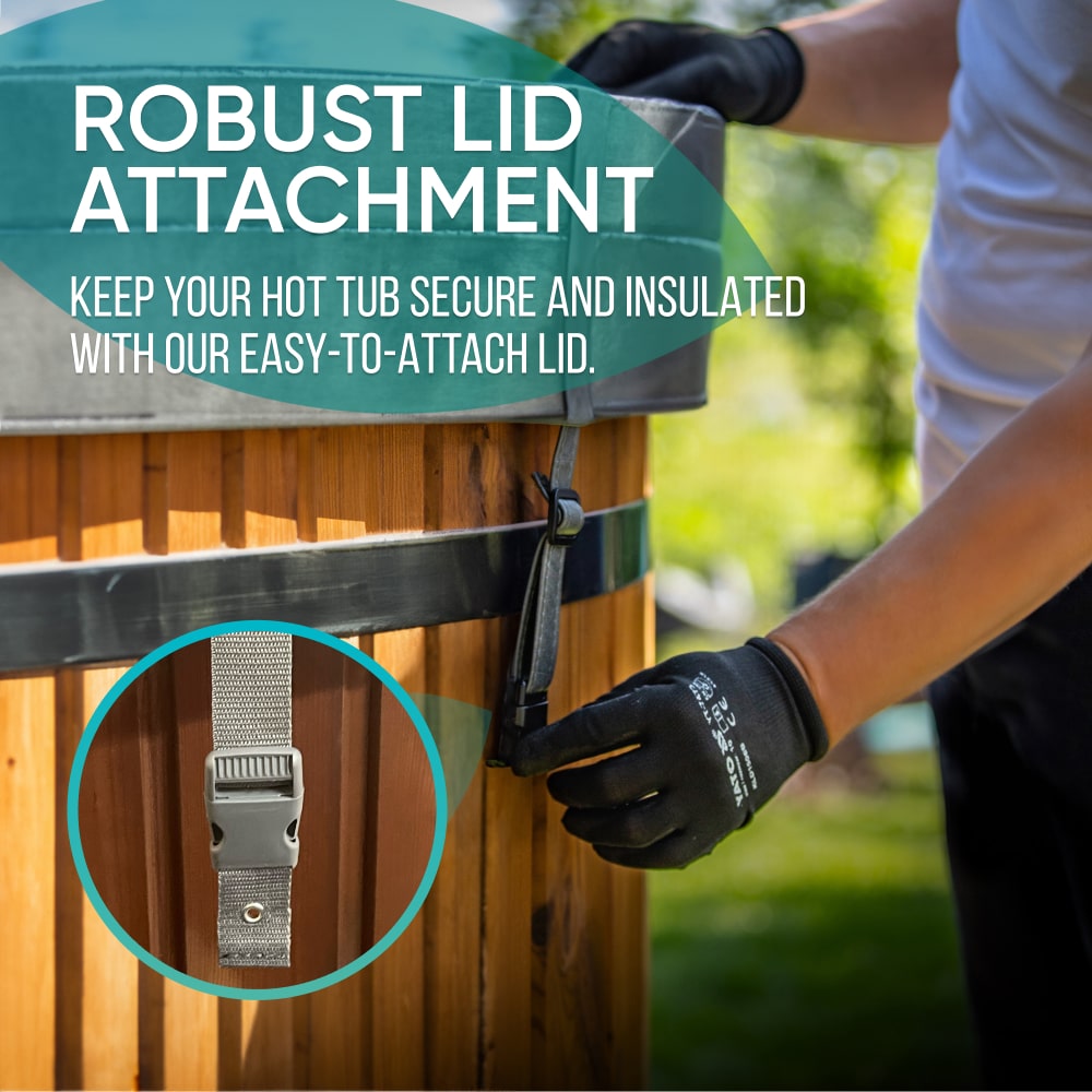 Close-up of a person securing robust strap lid attachment on a ThermoWood clad square wood fired hot tub