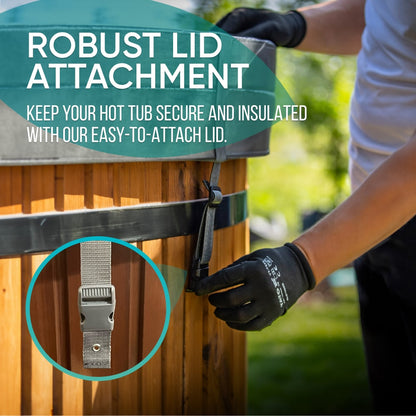 Close-up of a person securing robust strap lid attachment on a ThermoWood clad square wood fired hot tub