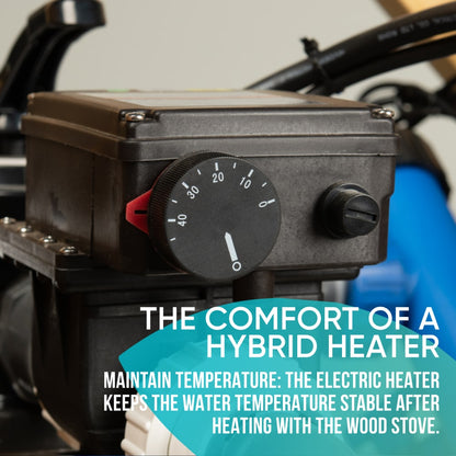 Close-up view of hybrid heater control with temperature dial for premium wood fired hot tub temperature regulation