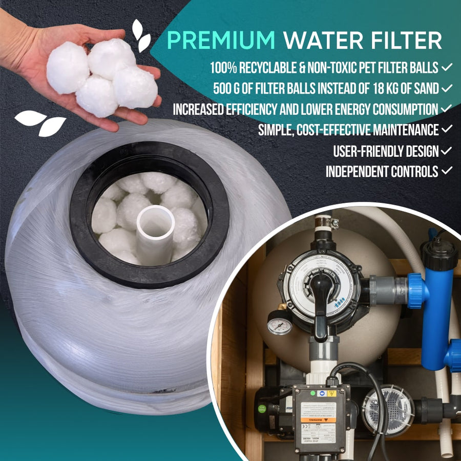 Close-up of premium sand filter showing recyclable pet filter balls and pump system with user-friendly controls for wood-fired hot tub