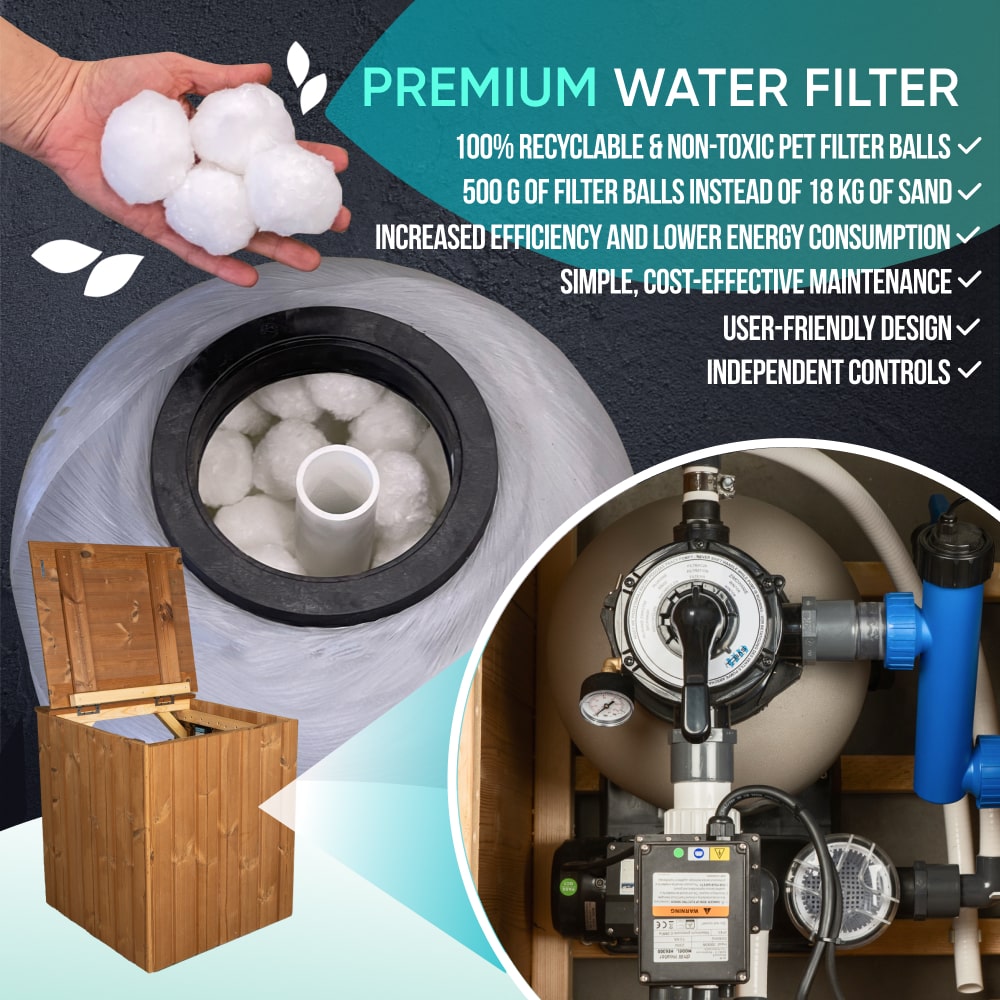 White recyclable pet filter balls in Horizon hot tub premium sand filter system