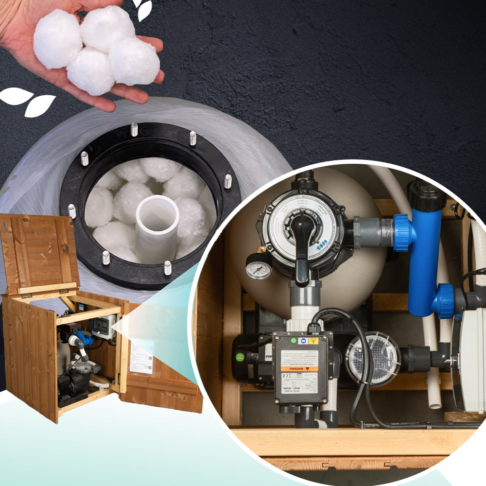 Close-up of water filter system with filter balls inside tank and plumbing equipment housed in wooden enclosure
