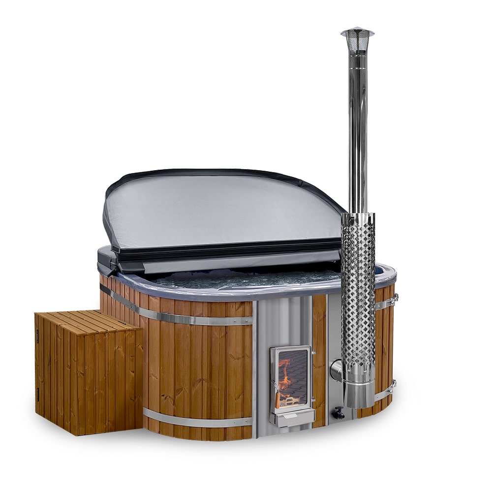 Side view of square 4-6 seater wood fired hot tub with ThermoWood cladding, Verta stove, chimney flue, and open cover
