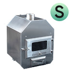 Compact stainless steel wood burning stove with glass door and chimney outlet designed for small spaces