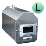 Front view of large stainless steel sauna stove with glass window door and ventilation panel