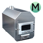 Angled side view of compact stainless steel wood burning stove with chimney pipe and front glass door