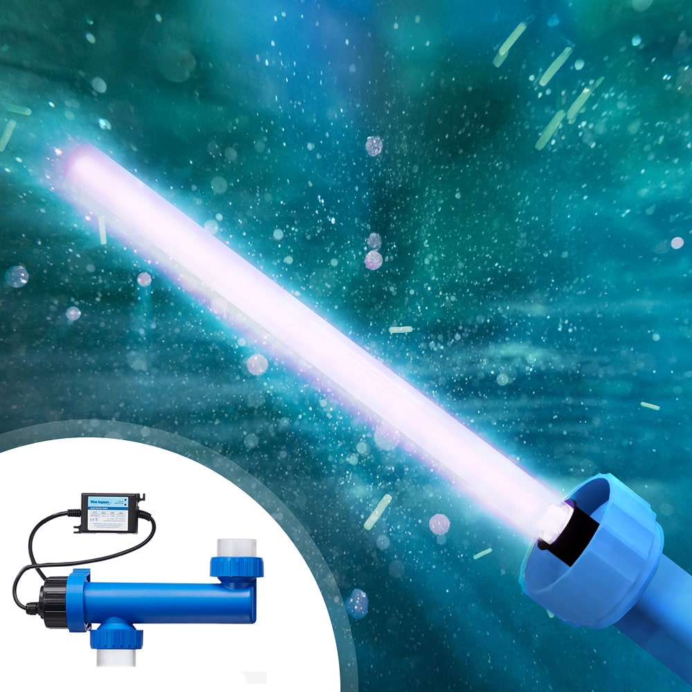 UV-C sterilizer tube for hot tub water disinfection, shown with control unit and flowing water effect.