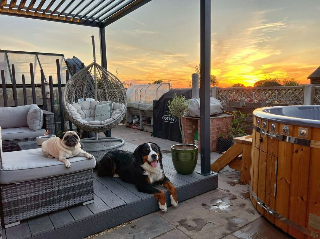 Gardenvity wood fired hot tub on terrace with sunset view and dogs relaxing nearby.