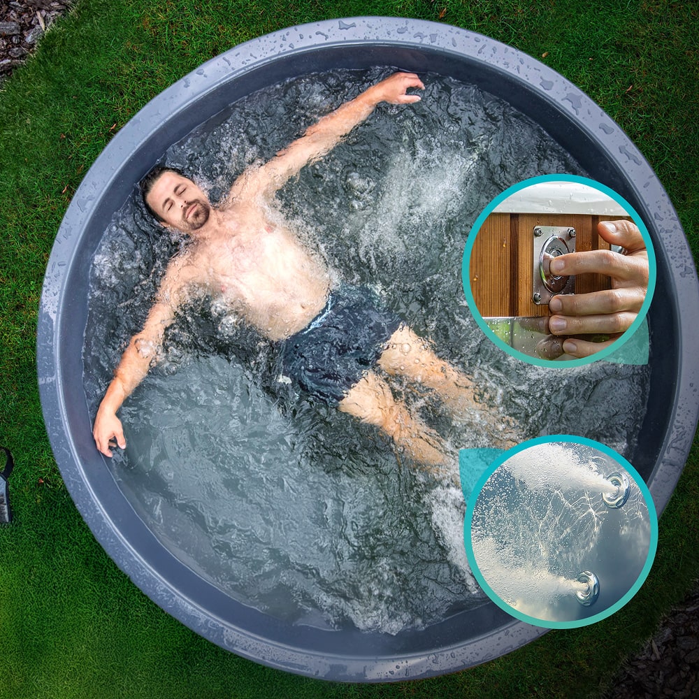 Man relaxing in a round hot tub with hydro massage jets, with close-up details of jet controls and water flow.