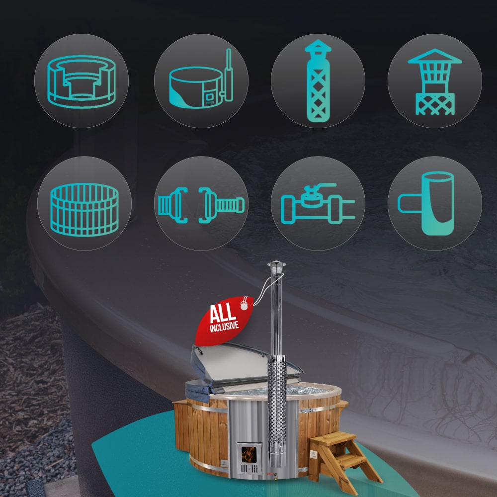 Wood-fired hot tub shown with all included components and accessories highlighted in an all-inclusive configuration graphic.