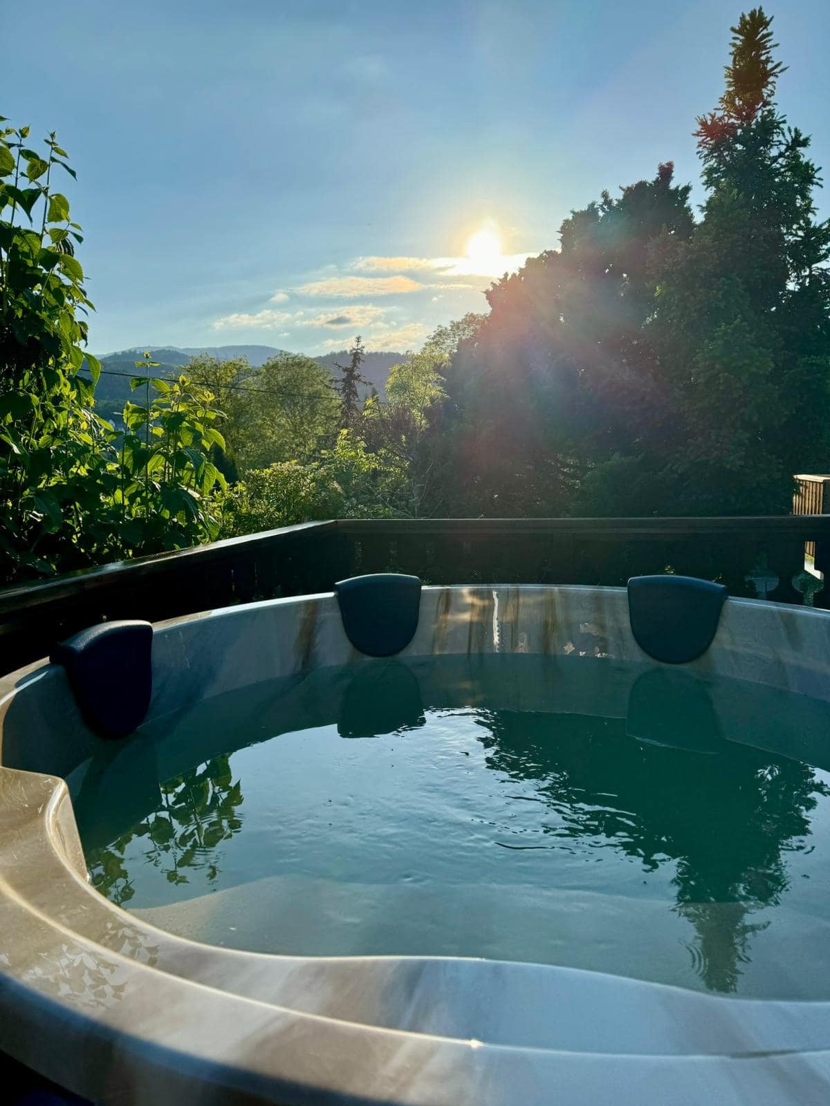 View from inside a round hot tub filled with water at sunset, overlooking a forest and mountains.