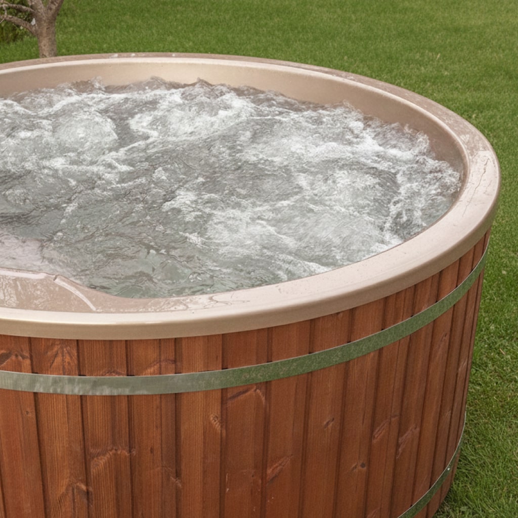 Close-up side view of wooden round hot tub with bubbling water on grass background outdoors