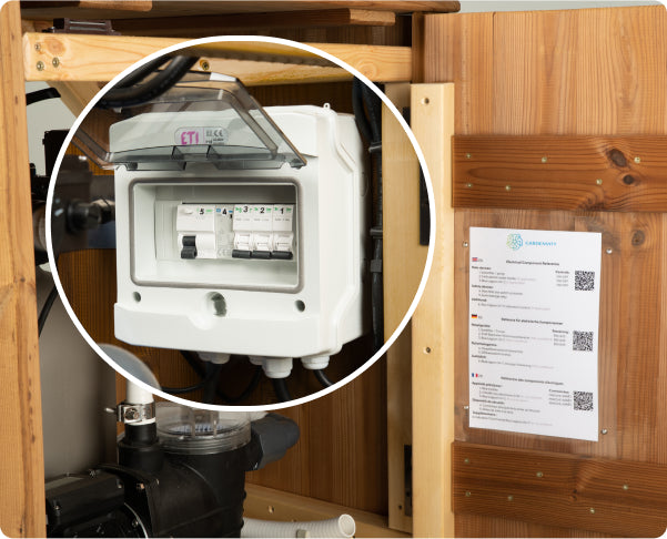 Close-up view of white electrical control box with circuit breakers inside wooden enclosure panel with instructions mounted nearby