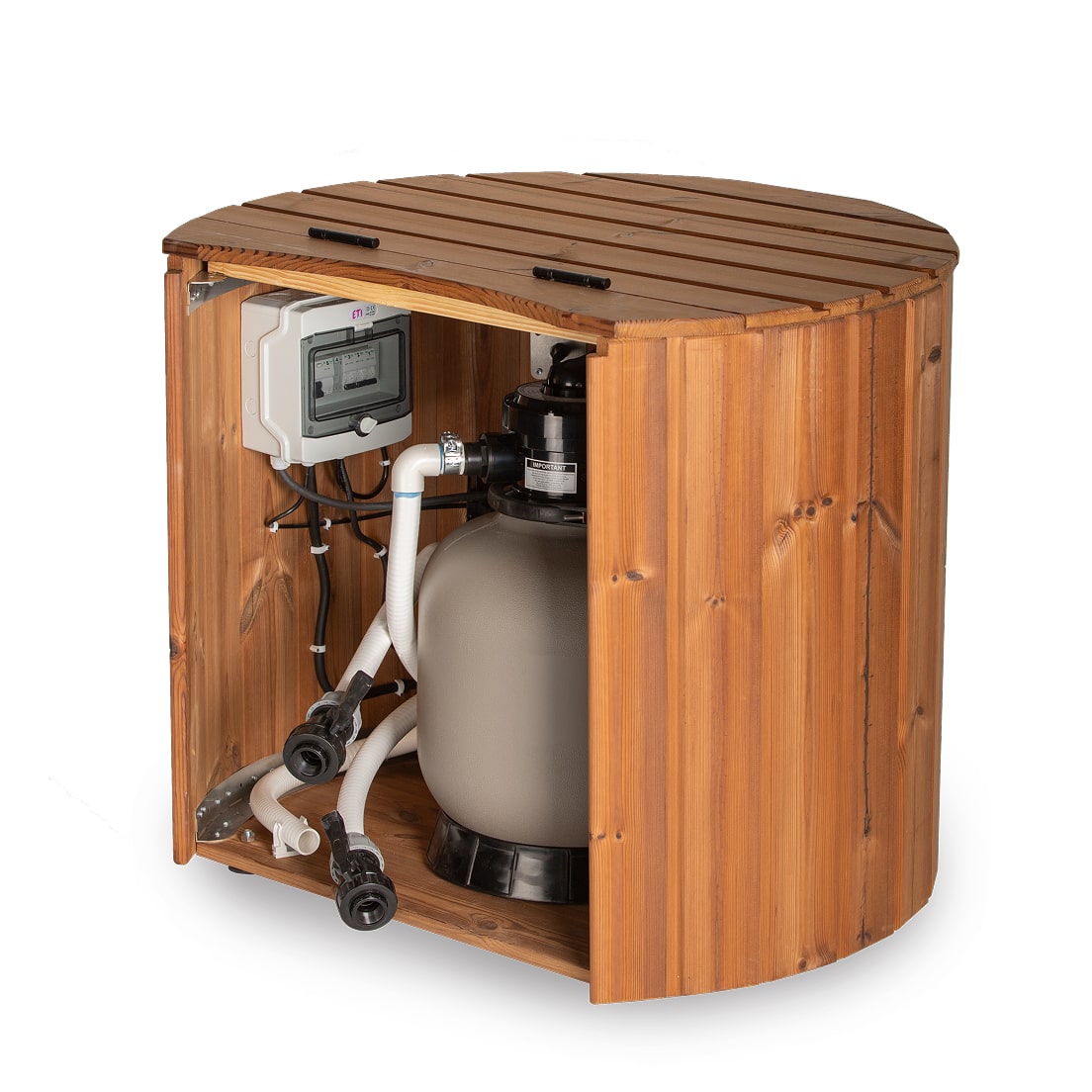 Wooden hot tub filter box housing a sand filter, circulation pump, and control unit with front access door.