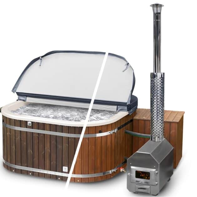 Square wood-fired hot tub with insulated cover partially open and external stainless steel stove with chimney.