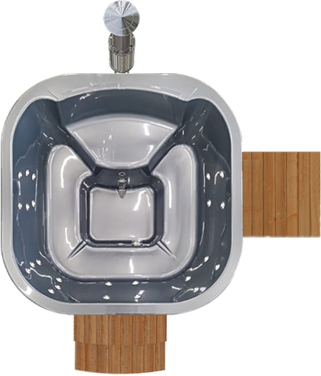 Top-down view of modern square wood fired hot tub with multiple seats, jet nozzles, and attached wooden steps