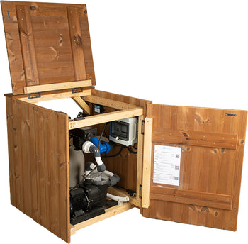 Open wooden enclosure revealing pool pump system with filter, piping, and control panel inside a timber cabinet