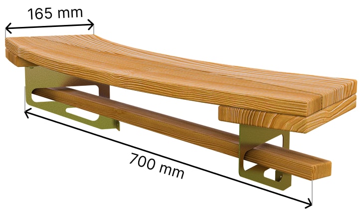 Medinės išorinės lentynos priedo, kurio ilgis 700 mm, o plotis 165 mm, su metalinėmis atramomis šoninis vaizdas