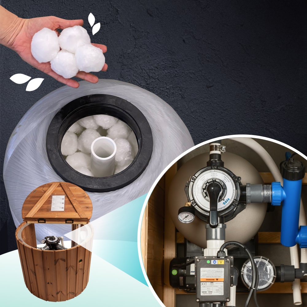 Hot tub filtration system showing filter housing filled with filter balls and integrated circulation pump.