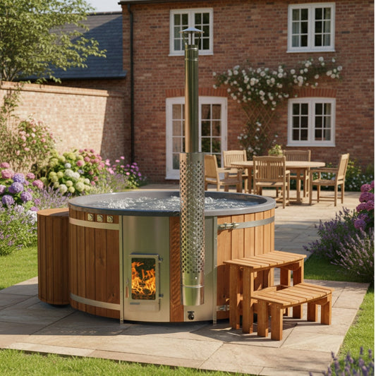 Outdoor view of wood fired hot tub with jets, sand filter, integrated stainless steel stove, and wooden steps in garden setting