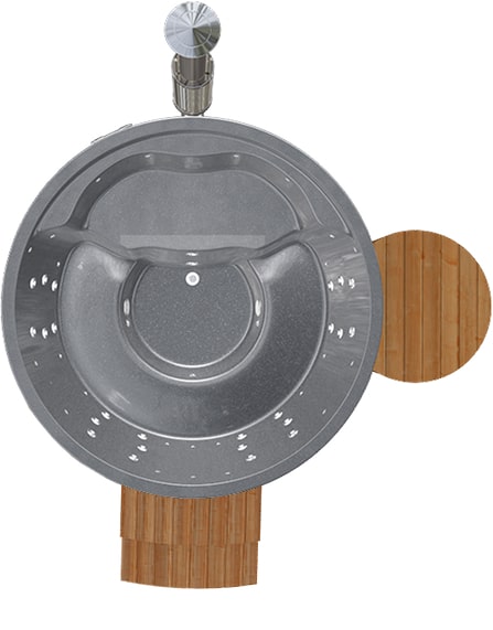 Top-down view of round hot tub with built-in hydro jets, air jets, wooden steps, and external stainless steel chimney