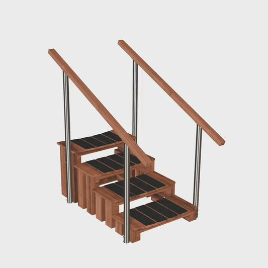 Wooden stairs with metal handrails on a white background