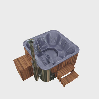 Aukščiausios kokybės kvadratinė malkomis kūrenama sūkurinė vonia su 34 hidromasažais ir atlošiamu gultu – 6 sėdimos vietos